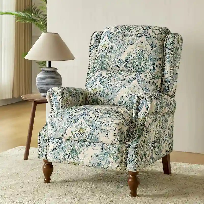 Fauteuil inclinable manuel Terri Classic à accoudoirs découpés et clous décoratifs pour salon, par HULALA HOME