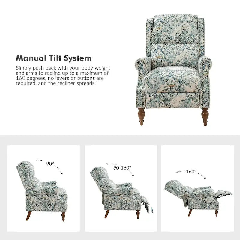 Fauteuil inclinable manuel Terri Classic à accoudoirs découpés et clous décoratifs pour salon, par HULALA HOME