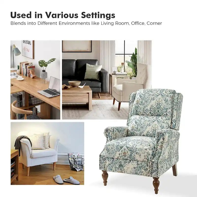 Fauteuil inclinable manuel Terri Classic à accoudoirs découpés et clous décoratifs pour salon, par HULALA HOME