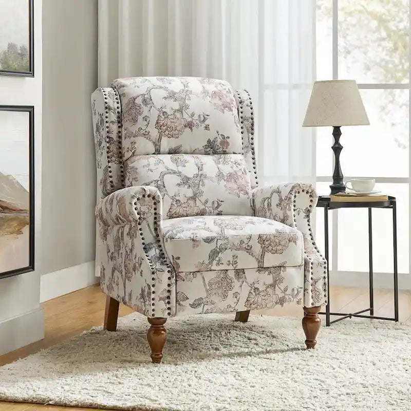 Fauteuil inclinable manuel Terri Classic à accoudoirs découpés et clous décoratifs pour salon, par HULALA HOME
