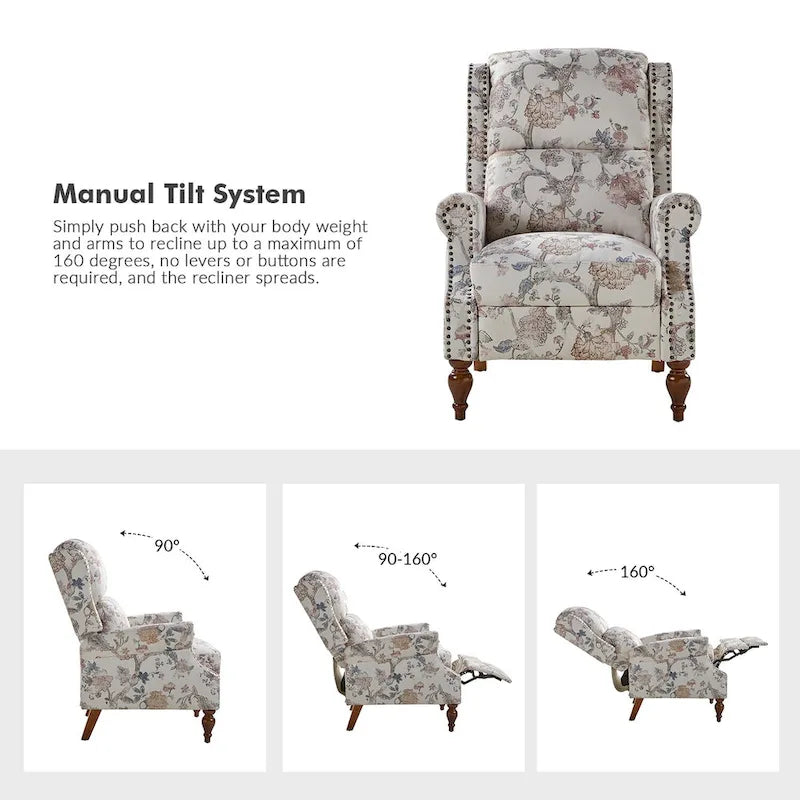 Fauteuil inclinable manuel Terri Classic à accoudoirs découpés et clous décoratifs pour salon, par HULALA HOME