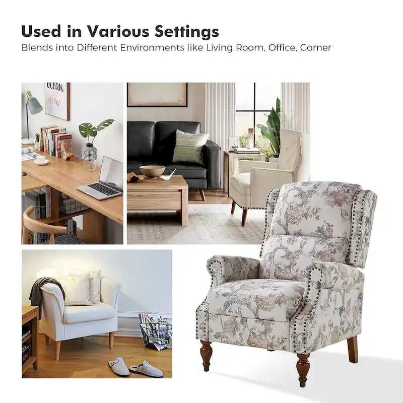 Fauteuil inclinable manuel Terri Classic à accoudoirs découpés et clous décoratifs pour salon, par HULALA HOME