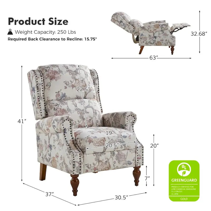 Fauteuil inclinable manuel Terri Classic à accoudoirs découpés et clous décoratifs pour salon, par HULALA HOME