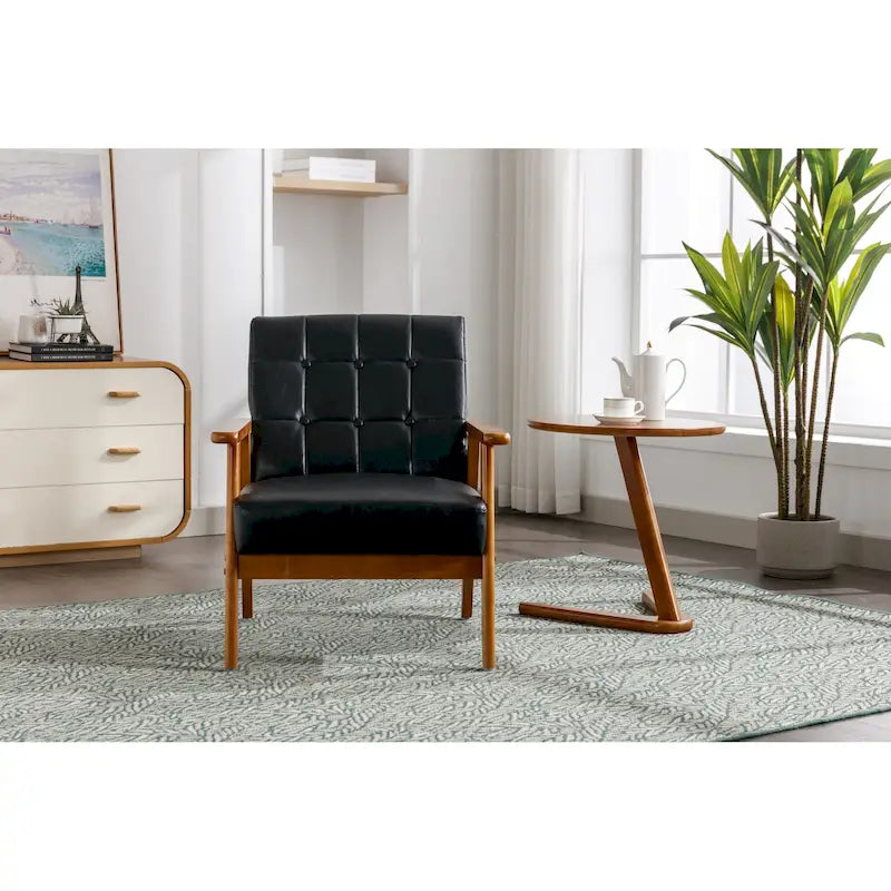 Fauteuil d'appoint capitonné en lin/PU pour salon/chambre, avec pieds en bois