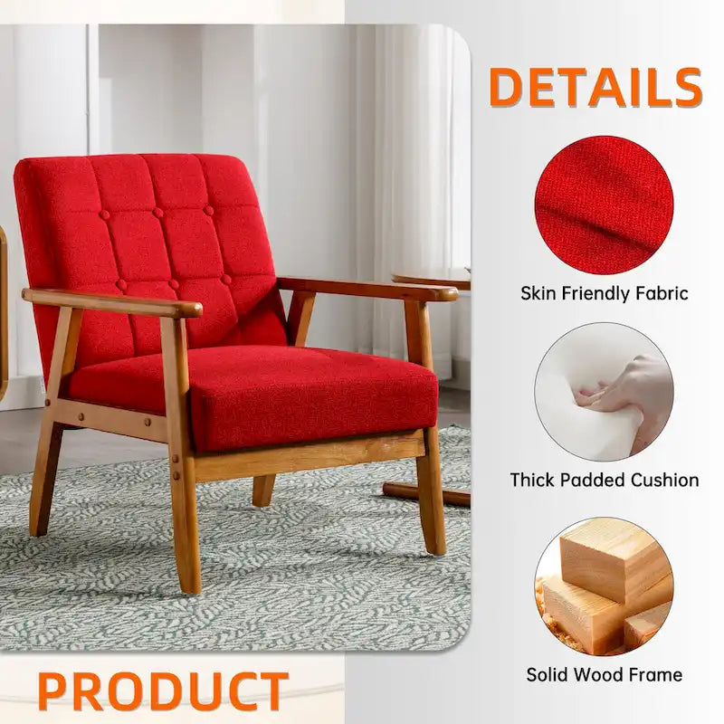 Fauteuil d'appoint capitonné en lin/PU pour salon/chambre, avec pieds en bois