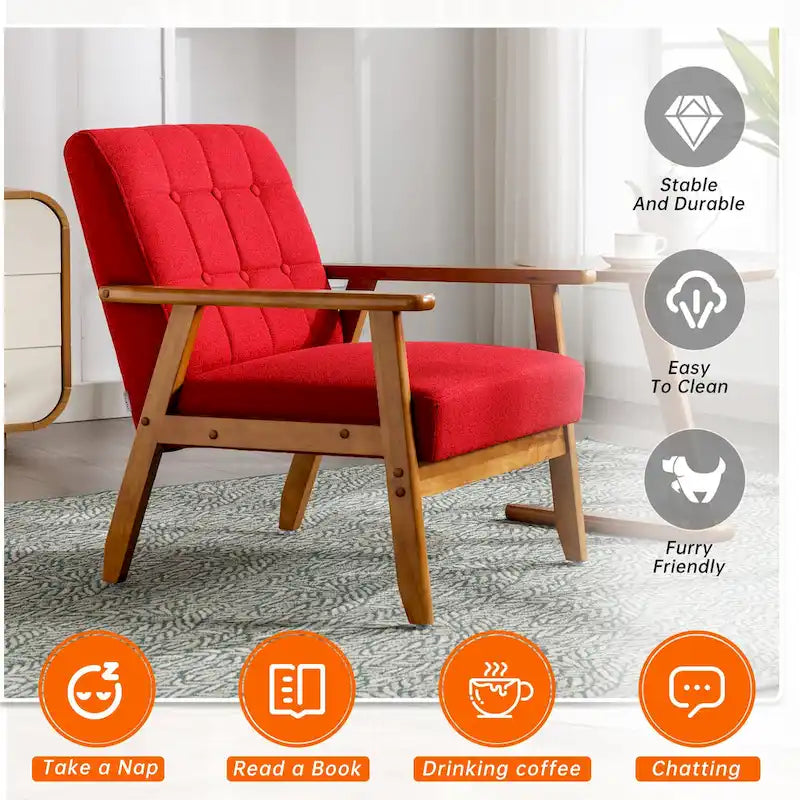 Fauteuil d'appoint capitonné en lin/PU pour salon/chambre, avec pieds en bois