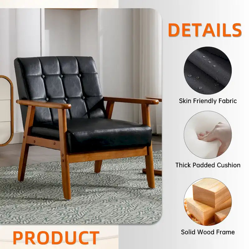 Fauteuil d'appoint capitonné en lin/PU pour salon/chambre, avec pieds en bois