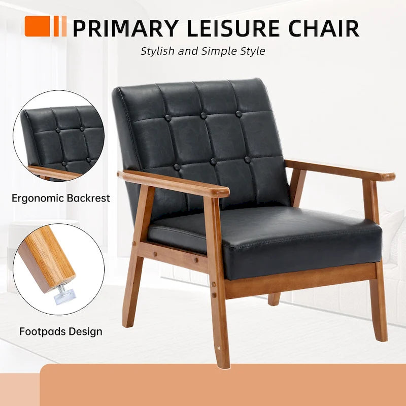 Fauteuil d'appoint capitonné en lin/PU pour salon/chambre, avec pieds en bois