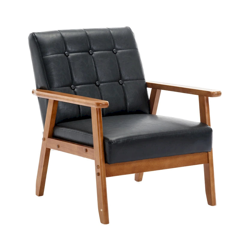 Fauteuil d'appoint capitonné en lin/PU pour salon/chambre, avec pieds en bois