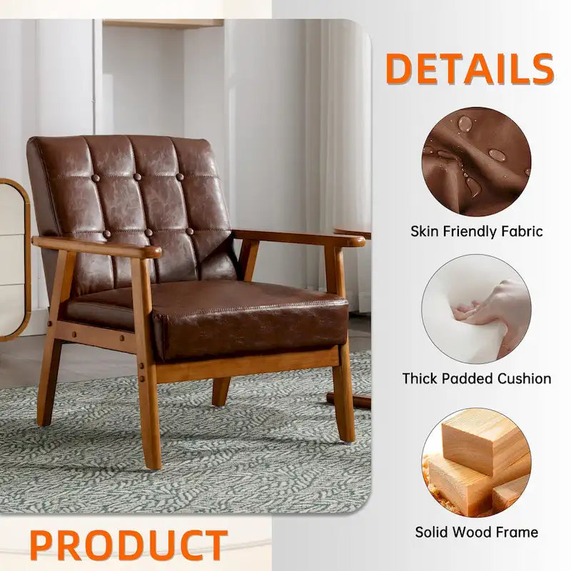 Fauteuil d'appoint capitonné en lin/PU pour salon/chambre, avec pieds en bois