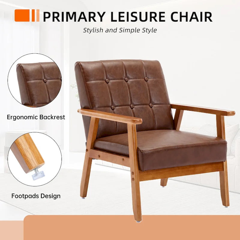 Fauteuil d'appoint capitonné en lin/PU pour salon/chambre, avec pieds en bois