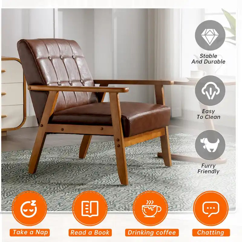 Fauteuil d'appoint capitonné en lin/PU pour salon/chambre, avec pieds en bois