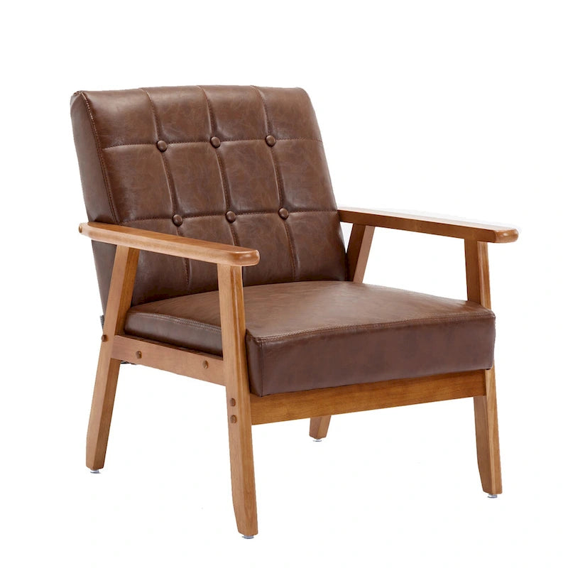 Fauteuil d'appoint capitonné en lin/PU pour salon/chambre, avec pieds en bois