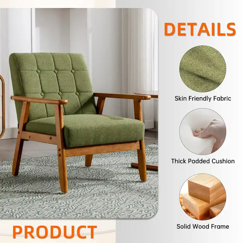 Fauteuil d'appoint capitonné en lin/PU pour salon/chambre, avec pieds en bois