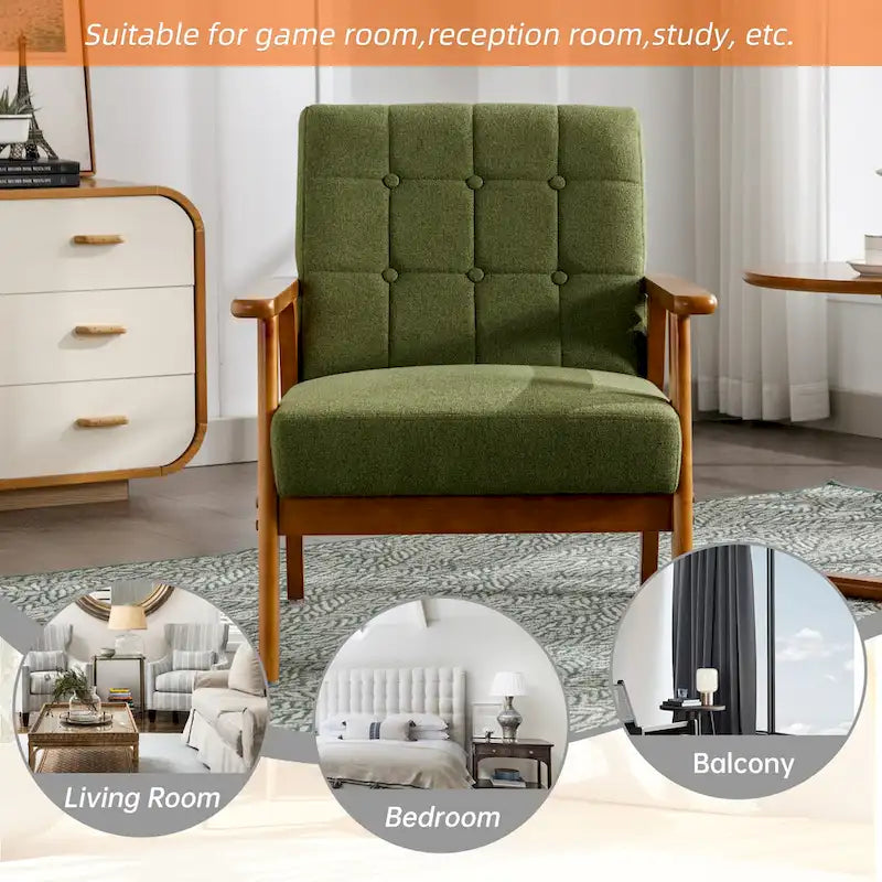 Fauteuil d'appoint capitonné en lin/PU pour salon/chambre, avec pieds en bois