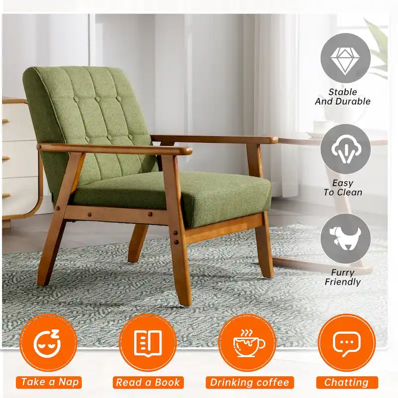 Fauteuil d'appoint capitonné en lin/PU pour salon/chambre, avec pieds en bois