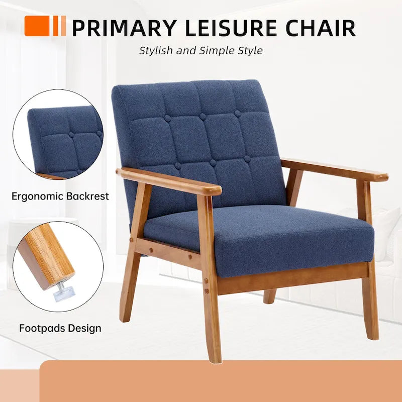 Fauteuil d'appoint capitonné en lin/PU pour salon/chambre, avec pieds en bois