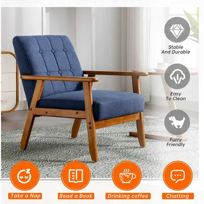 Fauteuil d'appoint capitonné en lin/PU pour salon/chambre, avec pieds en bois