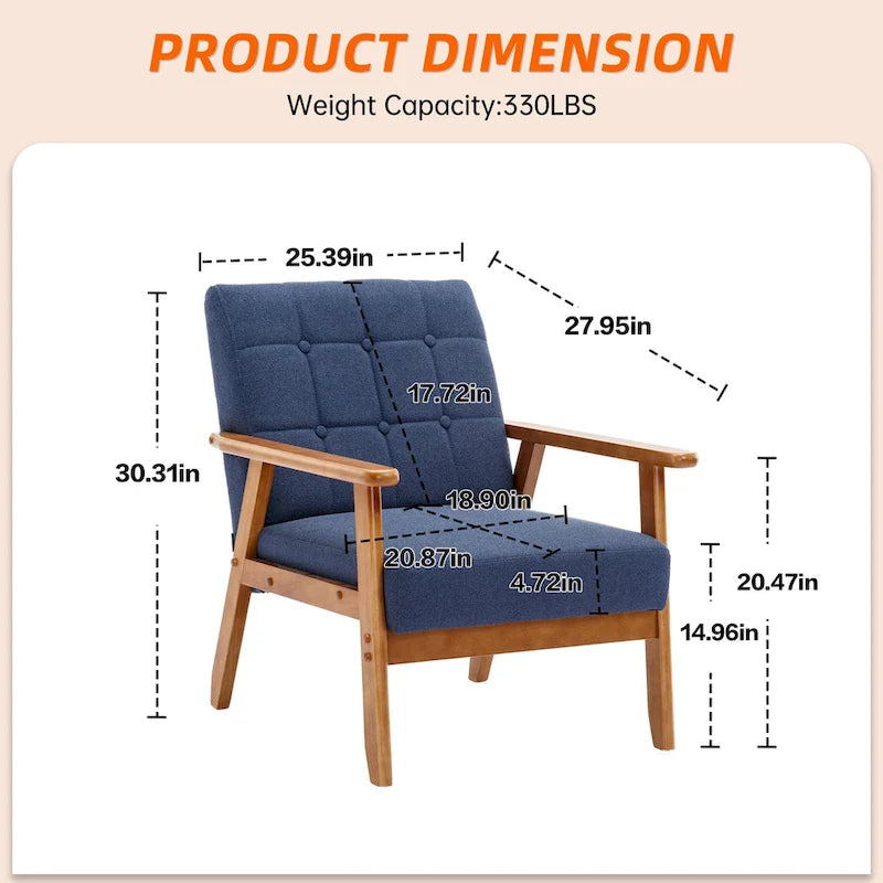 Fauteuil d'appoint capitonné en lin/PU pour salon/chambre, avec pieds en bois