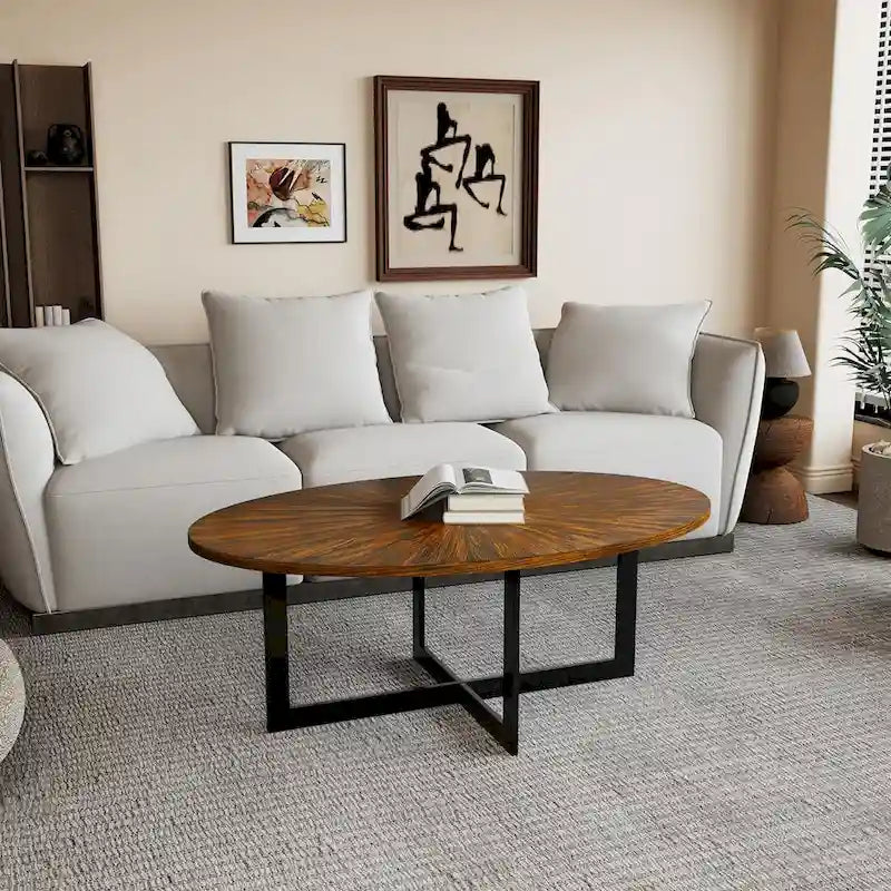 Table basse ovale contemporaine en bois massif avec pieds croisés en métal