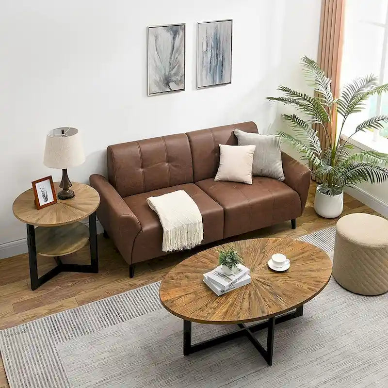 Table basse ovale contemporaine en bois massif avec pieds croisés en métal