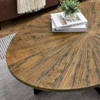 Table basse ovale contemporaine en bois massif avec pieds croisés en métal