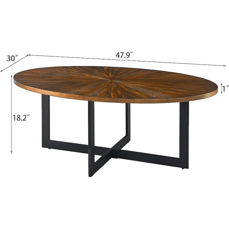 Table basse ovale contemporaine en bois massif avec pieds croisés en métal