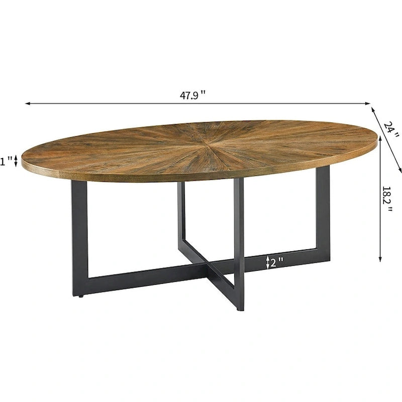 Table basse ovale contemporaine en bois massif avec pieds croisés en métal