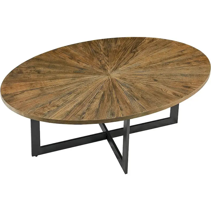 Table basse ovale contemporaine en bois massif avec pieds croisés en métal