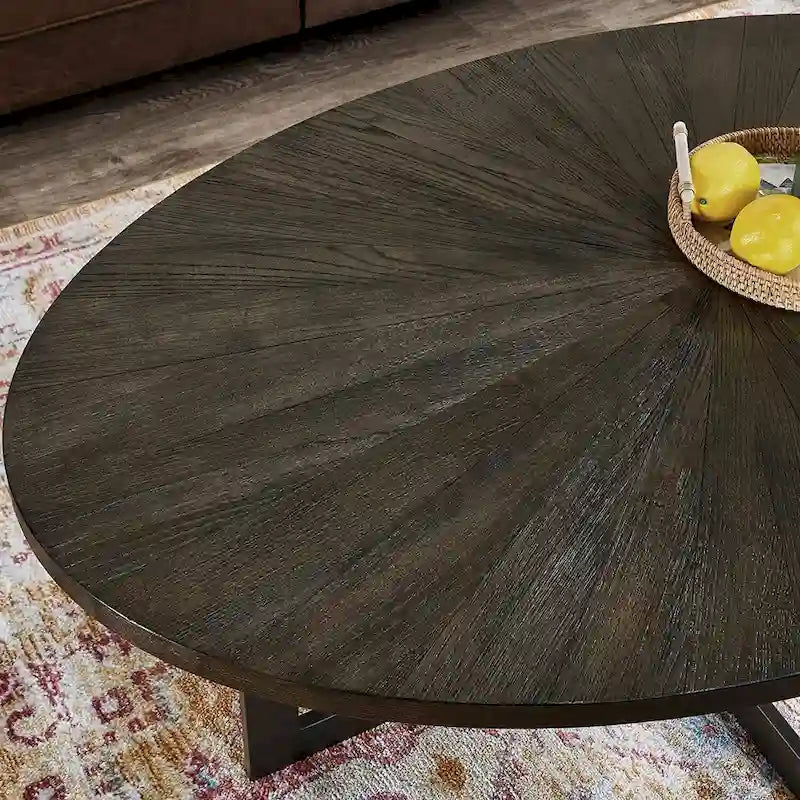 Table basse ovale contemporaine en bois massif avec pieds croisés en métal