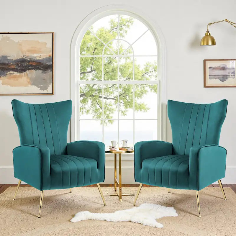 Ensemble de 2 fauteuils d'appoint à oreilles en velours avec pieds en métal pour salon