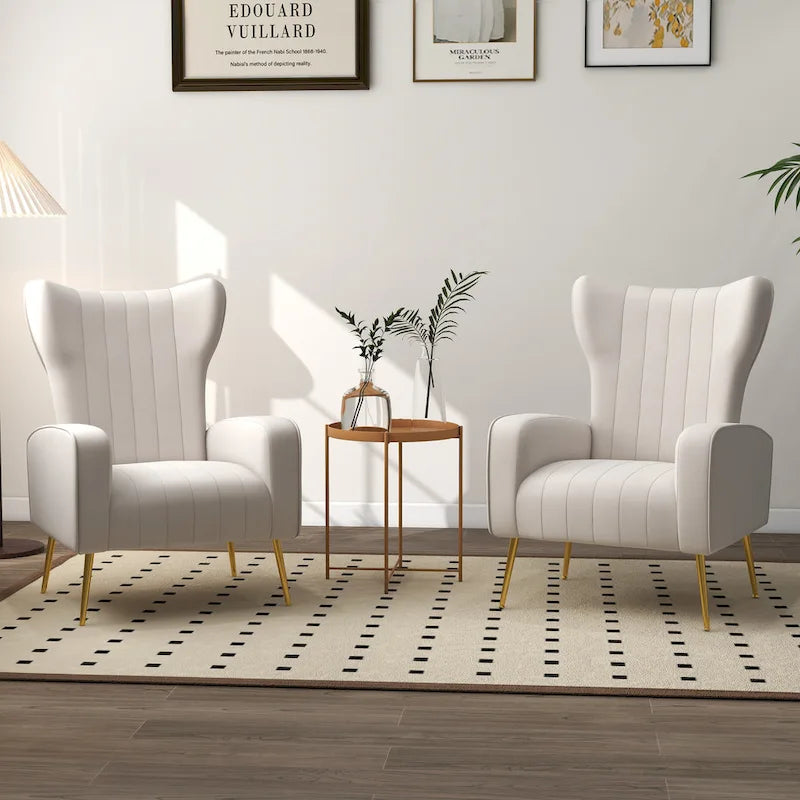 Ensemble de 2 fauteuils d'appoint à oreilles en velours avec pieds en métal pour salon