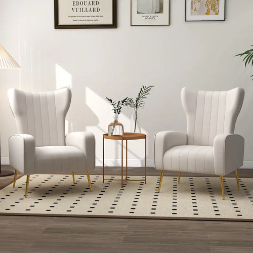 Ensemble de 2 fauteuils d'appoint à oreilles en velours avec pieds en métal pour salon