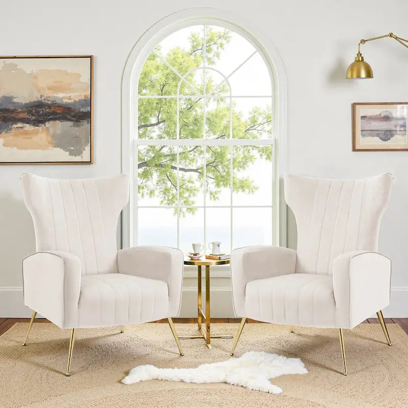 Ensemble de 2 fauteuils d'appoint à oreilles en velours avec pieds en métal pour salon