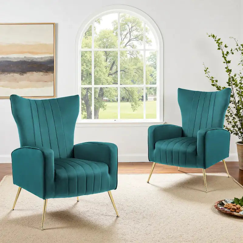 Ensemble de 2 fauteuils d'appoint à oreilles en velours avec pieds en métal pour salon