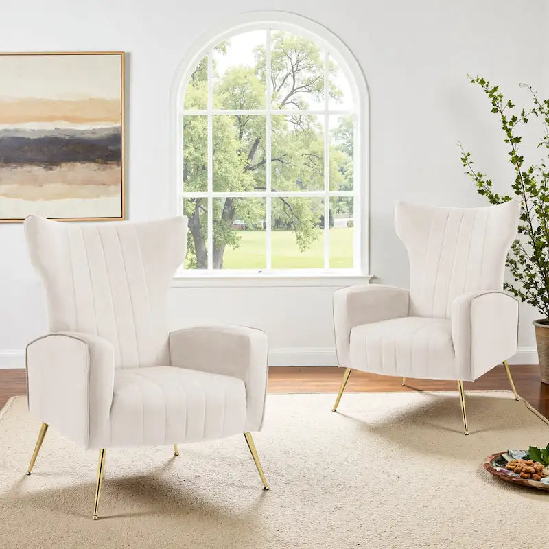 Ensemble de 2 fauteuils d'appoint à oreilles en velours avec pieds en métal pour salon