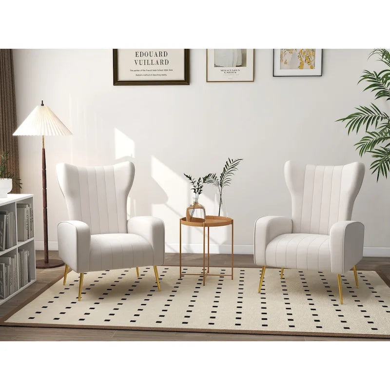 Ensemble de 2 fauteuils d'appoint à oreilles en velours avec pieds en métal pour salon