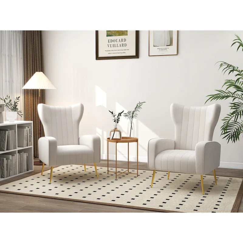 Ensemble de 2 fauteuils d'appoint à oreilles en velours avec pieds en métal pour salon