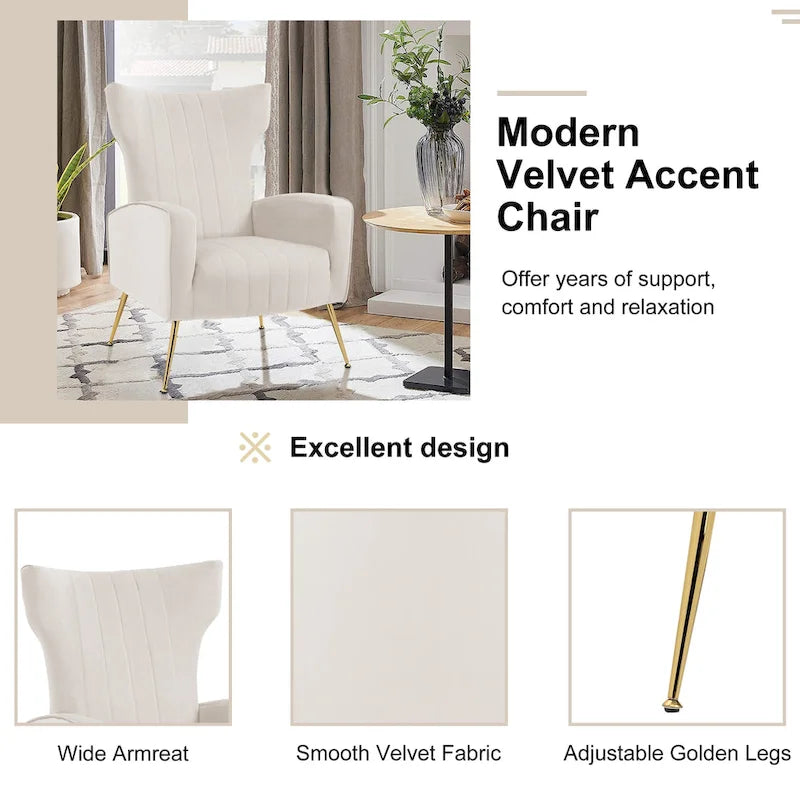 Ensemble de 2 fauteuils d'appoint à oreilles en velours avec pieds en métal pour salon