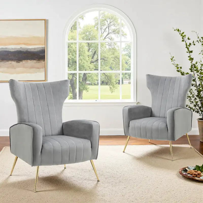 Ensemble de 2 fauteuils d'appoint à oreilles en velours avec pieds en métal pour salon