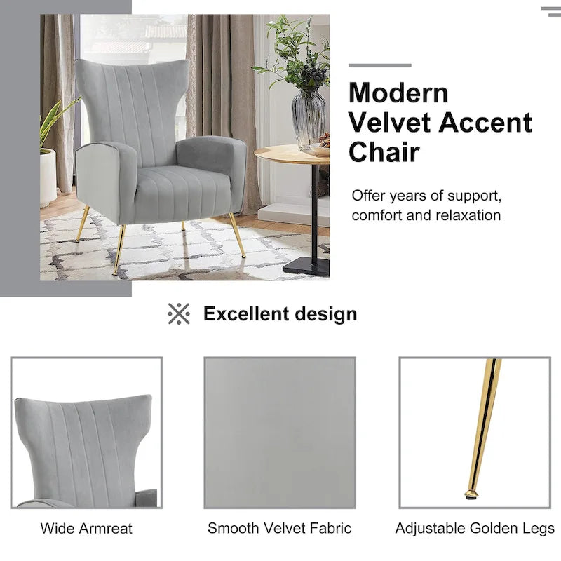 Ensemble de 2 fauteuils d'appoint à oreilles en velours avec pieds en métal pour salon