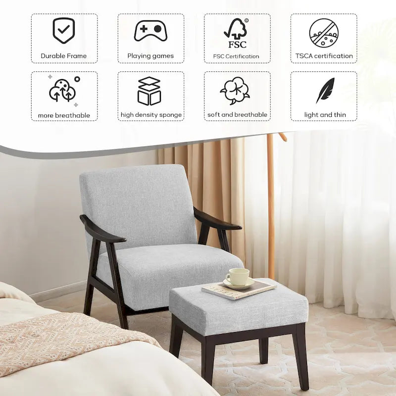 Ensemble fauteuil et repose-pieds HUIMO style moderne du milieu du siècle, fauteuil d'appoint rembourré pour salon, chambre