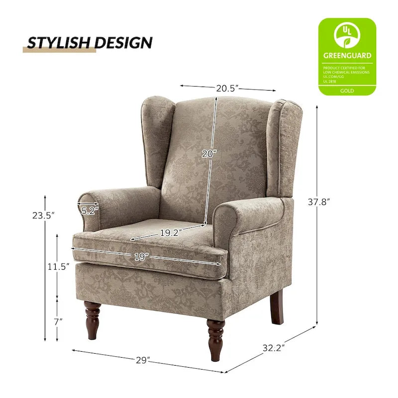 Fauteuil à oreilles Epimethis traditionnel en tissu avec pieds tournés par HULALA HOME
