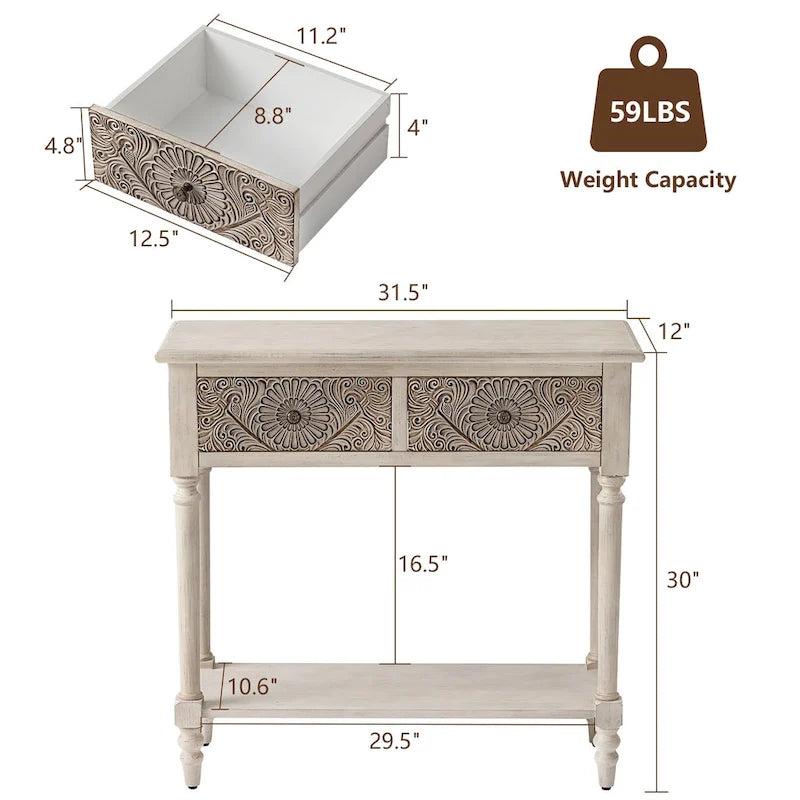 Console vintage en bois massif à 2 tiroirs, très confortable - 80 cm (L) x 30 cm (l) x 76 cm (H)
