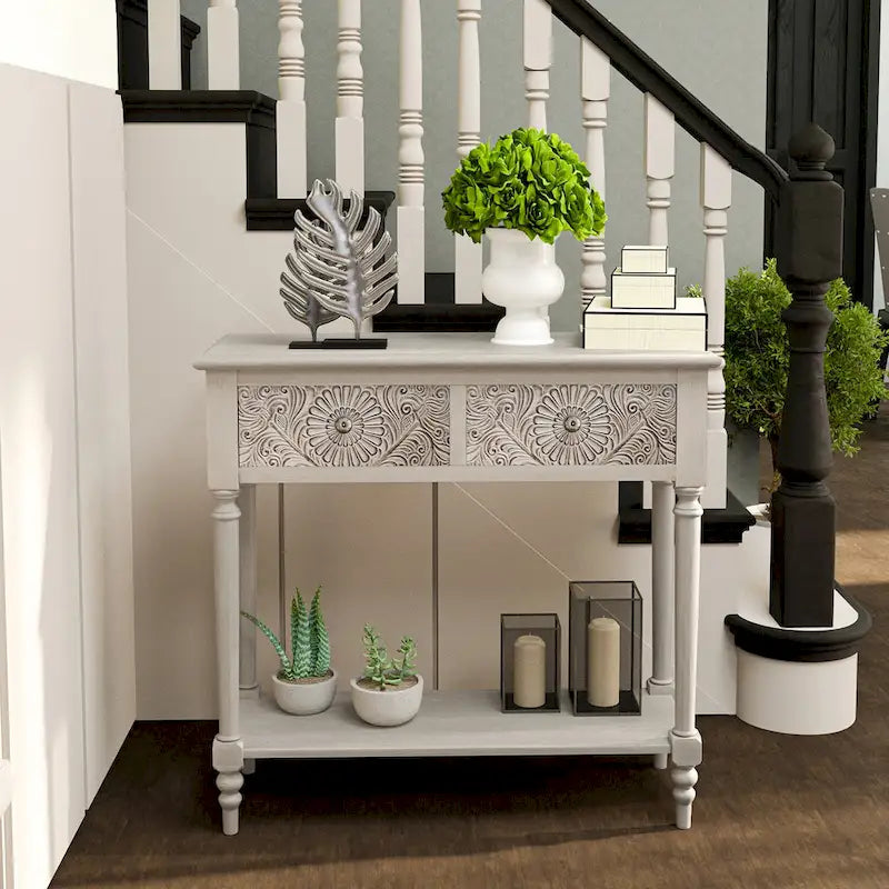 Console vintage en bois massif à 2 tiroirs, très confortable - 80 cm (L) x 30 cm (l) x 76 cm (H)