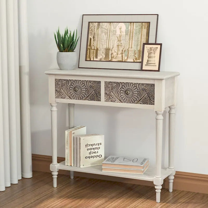 Console vintage en bois massif à 2 tiroirs, très confortable - 80 cm (L) x 30 cm (l) x 76 cm (H)