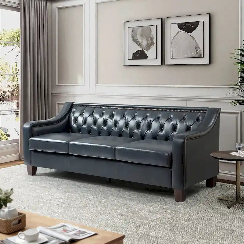Mateo 82.28 Wide Transitional Genuine Leather Sofa with Nailhead Trim and Button-Tufted Back