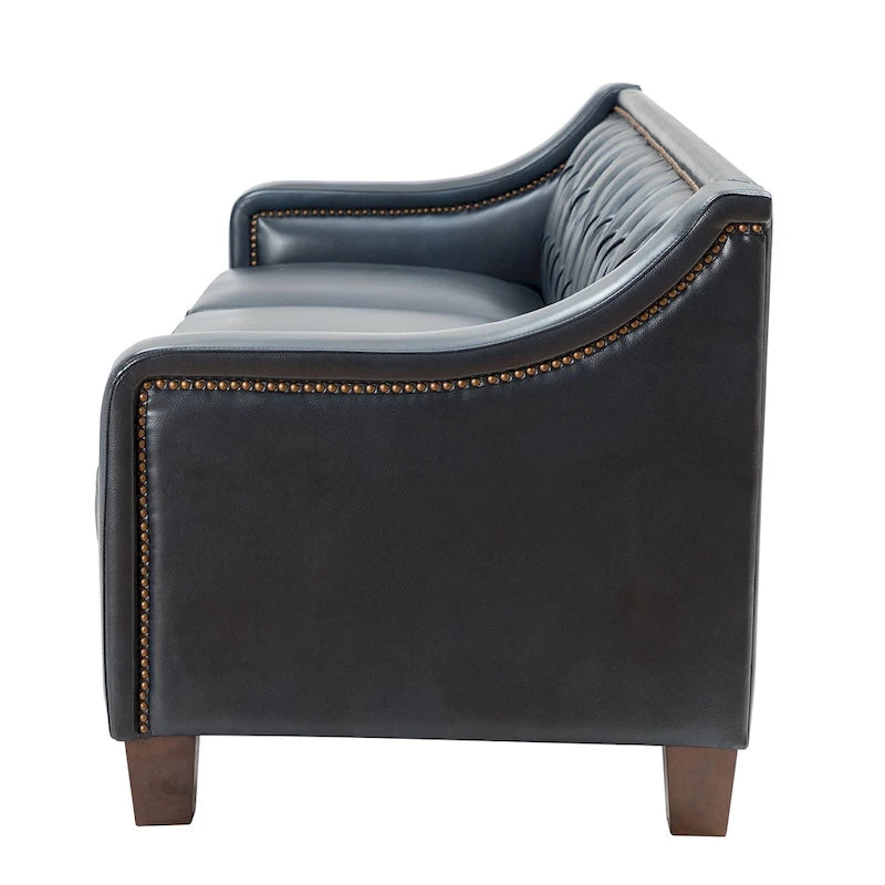 Canapé Mateo de style transitionnel, 209 cm de large, en cuir véritable, avec garniture cloutée et dossier capitonné.