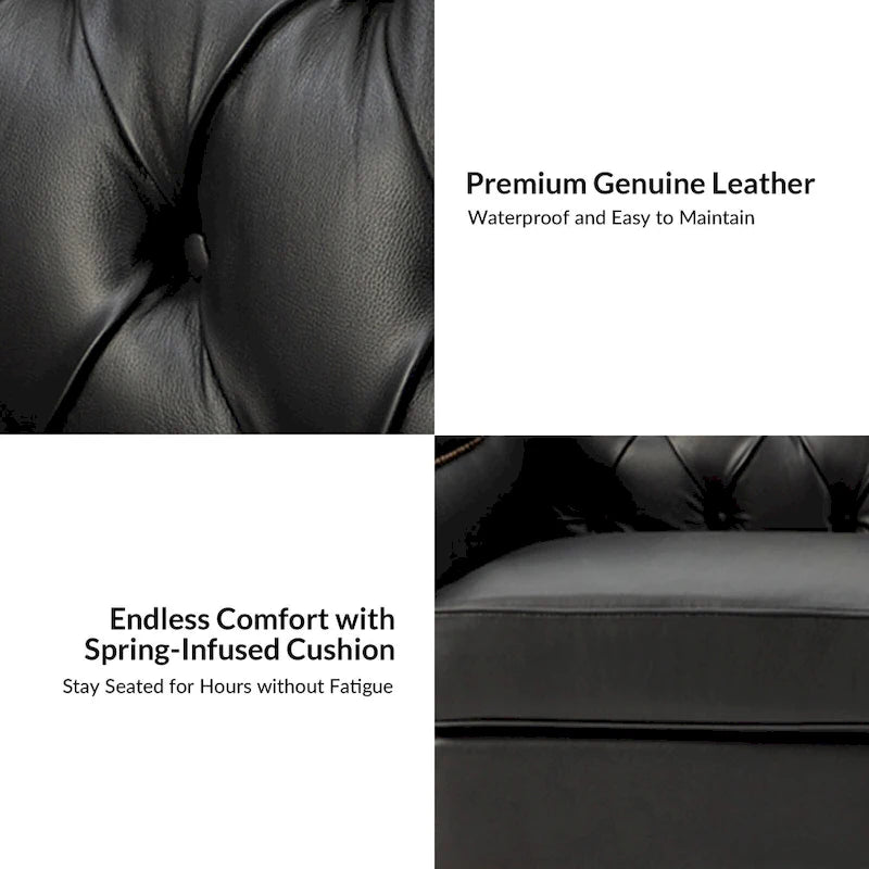 Canapé Mateo de style transitionnel, 209 cm de large, en cuir véritable, avec garniture cloutée et dossier capitonné.