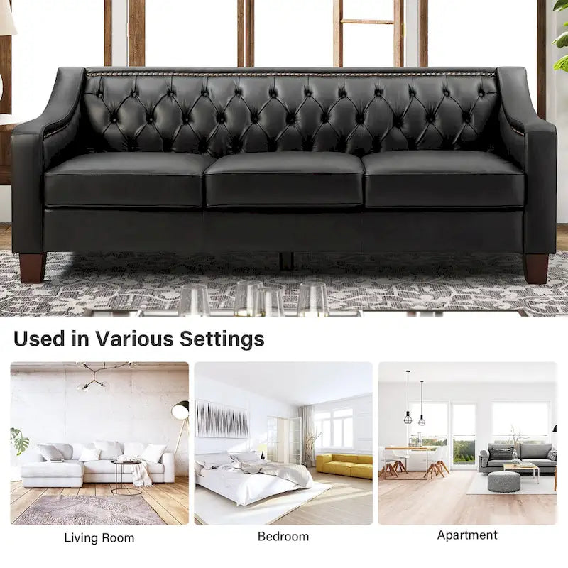 Canapé Mateo de style transitionnel, 209 cm de large, en cuir véritable, avec garniture cloutée et dossier capitonné.